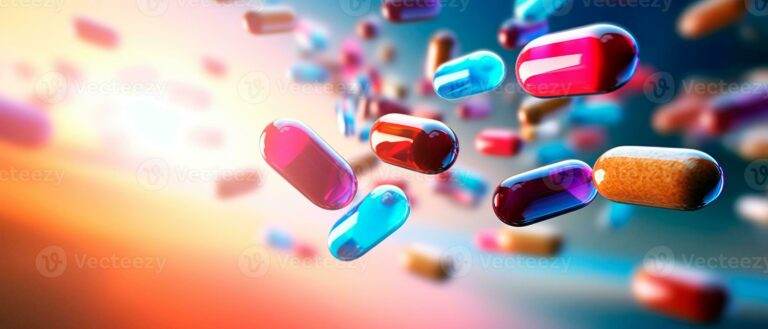 ai generated banner for pharmacy and medicine multicolored pills and capsules floating over blurred background with empty space for text motion blur medical and addiction concept photo 768x329