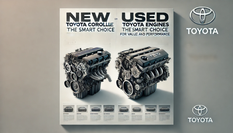 DALL·E 2024 11 19 11.12.17 A visually engaging landscape oriented graphic showcasing a comparison between a new Toyota Corolla engine and a used Toyota Corolla engine. On the le 768x439