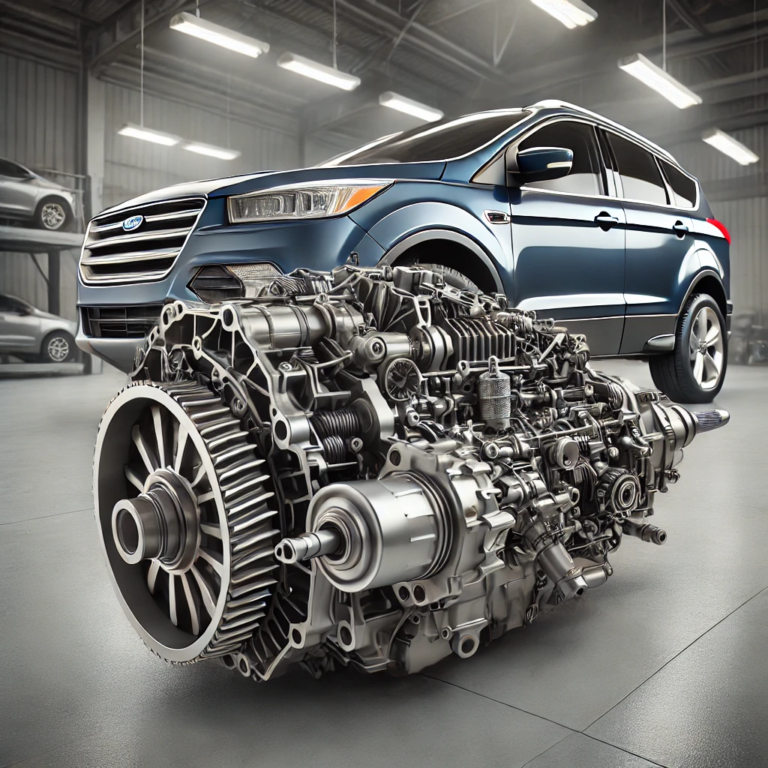 DALL·E 2024 11 19 12.13.22 A realistic illustration of a 2014 Ford Escape transmission system showcasing its key components such as the gearbox torque converter and transmiss 768x768